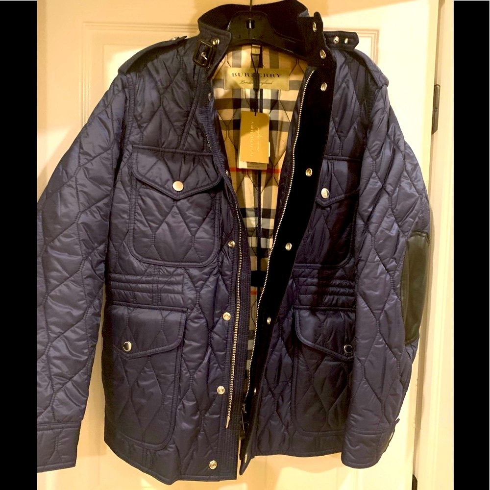 BURBERRY MEN’S GRANSWORTH NAVY BLUE DIAMOND NOVA CHECK COAT